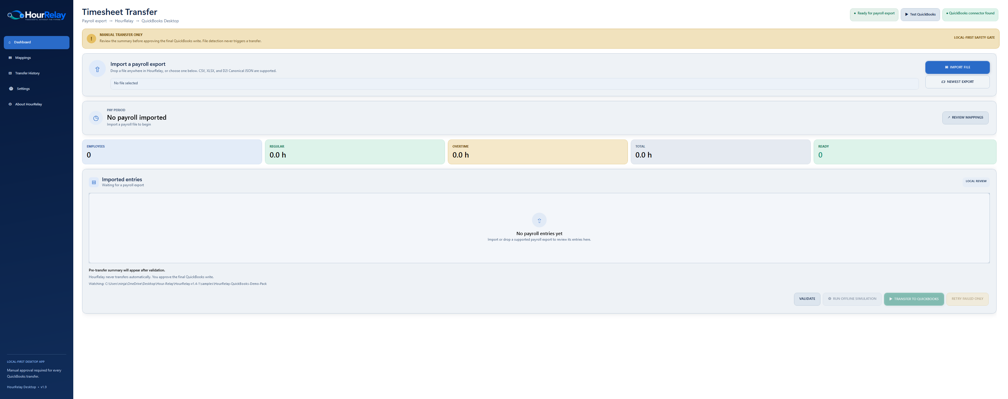 HourRelay desktop app showing the payroll import and QuickBooks transfer dashboard